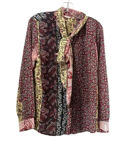 Soft Surroundings Langdon Mixed Print Blouse Size Small Long Sleeve Tie Scarf
