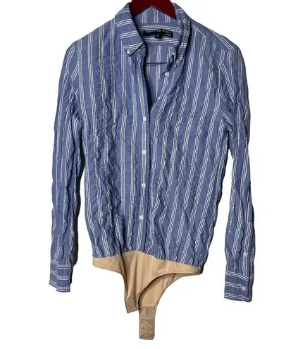 Veronica Beard BRIGITTE STRIPED BUTTON-FRONT OXFORD BODYSUIT IN BLUE/WHITE sz S
