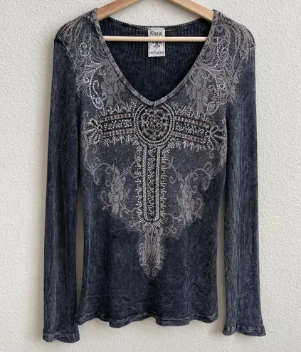 Vocal Edgy Dark Grey Waffle Knit V Neck Rhinestone Cross Graphic Long Sleeve Tee