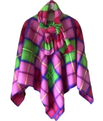 Bright multicolored plaid fleece handmade poncho & scarf set OS Size undefined