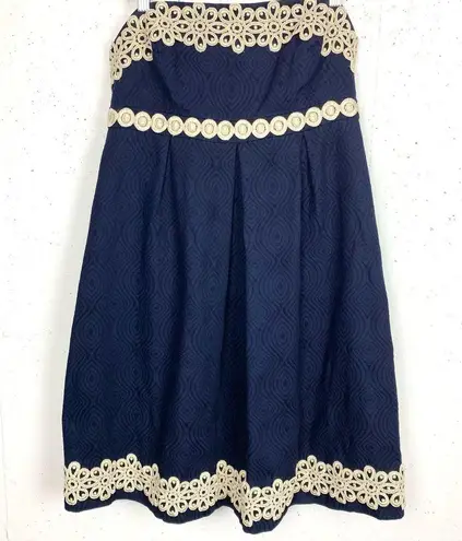 Lilly Pulitzer  Betsey Strapless Jacquard Dress Gold Trim Empire Waist Navy 8