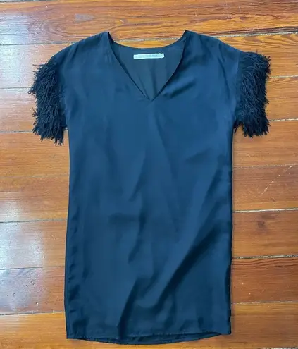 Marie Oliver Black Silk Feather Fringe Sleeve V-Neck Mini Shirt Dress - Sz XS