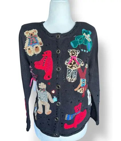 Vintage Susan Bristol Teddy Bear Applique Black Knit Cardigan Sweater Petite Size undefined