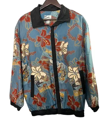 Vintage 100% Silk Blue Floral Bomber Jacket Women's Size XL Shoulder Pads