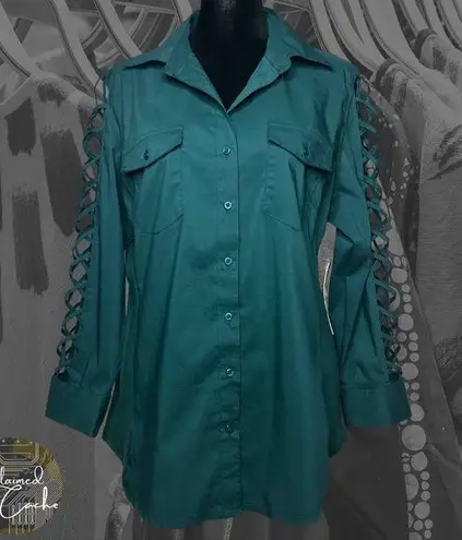 Sharagano Teal Lattice Sleeve Knit to Fit Blouse - Size Medium