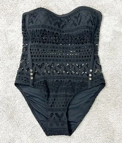 New Large Black Strapless Sheer Crochet One Piece Swim Suit with Button Detail