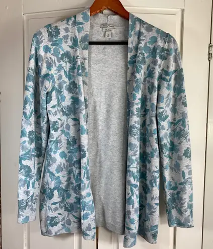 LL Bean Supima Cotton Floral Cardigan Sweater Women's Size M Light Blue Gray Size M
