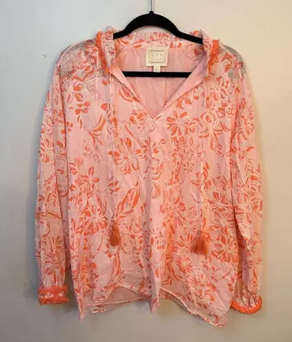 STS Sail to Sable Womens XL Floral Tassel Trim Long Sleeve Blouse Top Pink