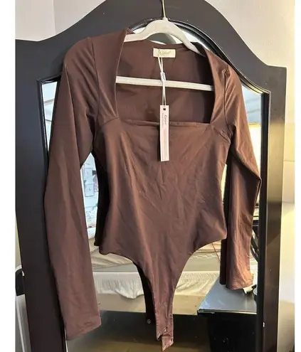 NEW QINSEN Square Neck Bodysuit Long Sleeve Double Lined L Brown Size L