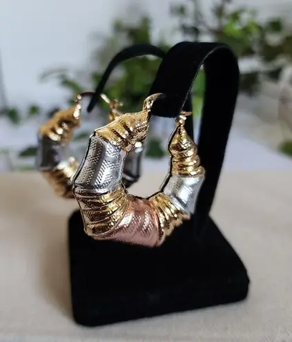 Tricolor Gold Filled Chunky Hoop Earrings Greek Key Design