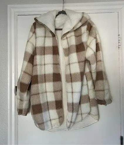 Weatherproof Beige Plaid Ivory Reversible Sherpa Hooded Cardigan S/M
