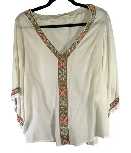 Love Sam Beaded Embroidered Tunic Top Blouse Beige Cotton Boho Women's L