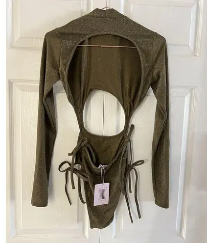 Savage X Fenty Bodysuit Green Shine Strapy Teddy Thong Mock Neck Size M