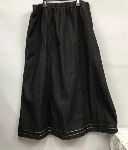 Denim & Co Vintage denim charcoal black midi skirt with floral embroidery XL .