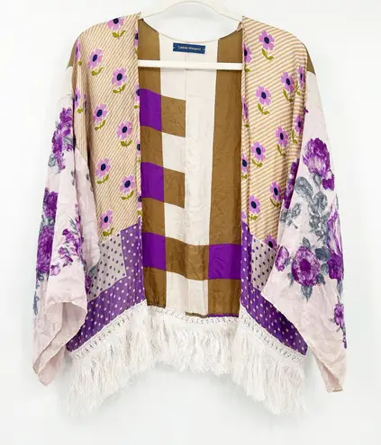 Corinne Margaret Womens Beach Resortwear Fringe Floral Patchwork Silk Kimono OS Purple Size undefined