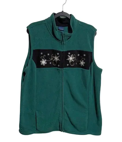 Basic Editions Green Fleece Vest Snowflake Embroidery Zip Up Collar Winter XL