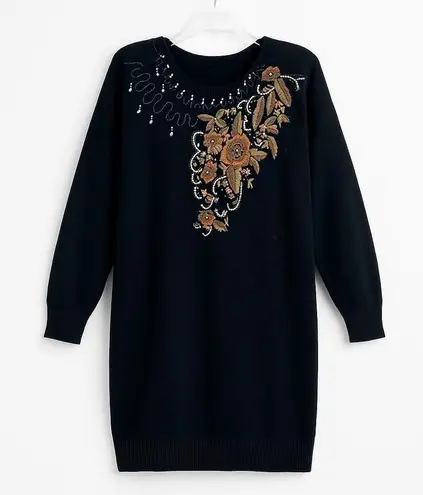80s Vintage LARISA Black Embroidered and Beaded Knit Midi Sweater Dress Size L