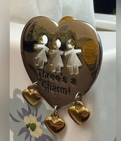 Three's a Charm! Brooch Dangling Hearts Silver & Gold Tone Signed Abbey Press.