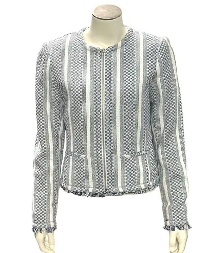 Adrienne Vittadini Small Woven Cotton Fringe Tweed Zip Jacket Blue White New Tag