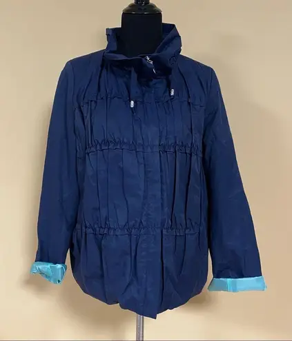 Tahari 🛍️ Navy Blue Mint 3/4 Sleeve Hoodless High Collar Ruffle Frill Jacket L