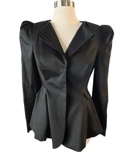 Stella McCartney Black Jacket Cotton Silk Lining Peplum Hem Puff Shoulder Small