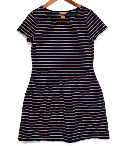 Joe Fresh Medium Striped Short Sleeve Jersey Navy Blue Mini Dress Pockets Casual