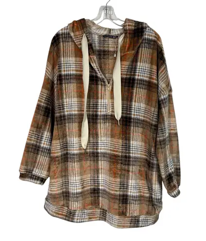 Bloomchic Brown Orange Plaid Oversized Sherpa Fleece Quarter Zip Plus Size 18/20