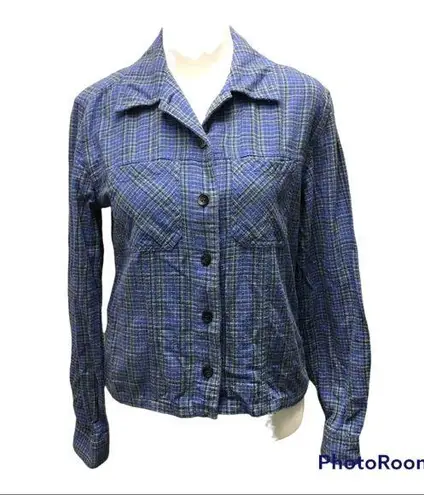 Vintage 90s Evolution cropped blue green plaid flannel Grunge Shirt Size S