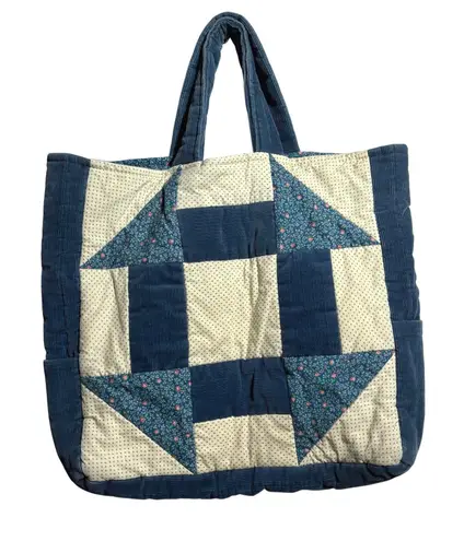 Quilted Patchwork Tote Bag Blue Floral Corduroy Shoulder Bag Cottage Boho