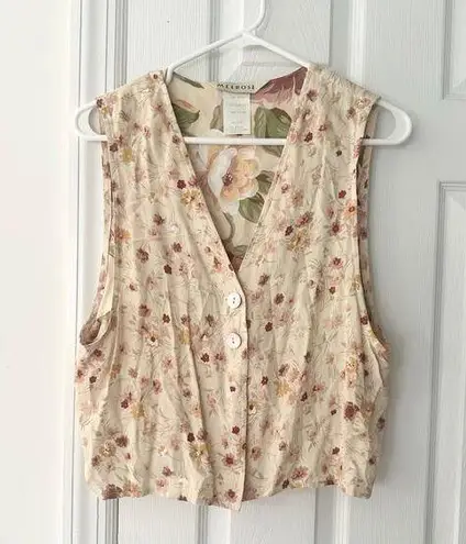Melrose Vintage 90s Beige Pink Floral Design Rayon Iridescent Button Up Vest 10