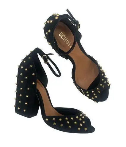 Schutz Dionise Heels Size 8.5 Black Nubuck Gold Stud Spike Open Toe Block Strap