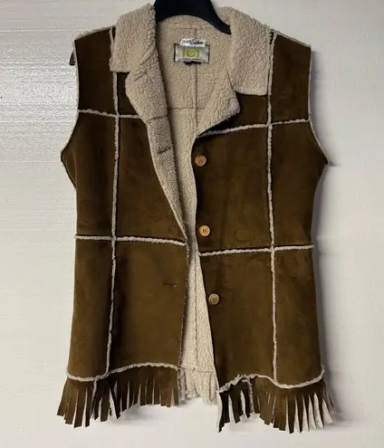Vintage Lei Faux Suede Vest Large Brown Sheepskin Y2K Fringe Hem Button Front