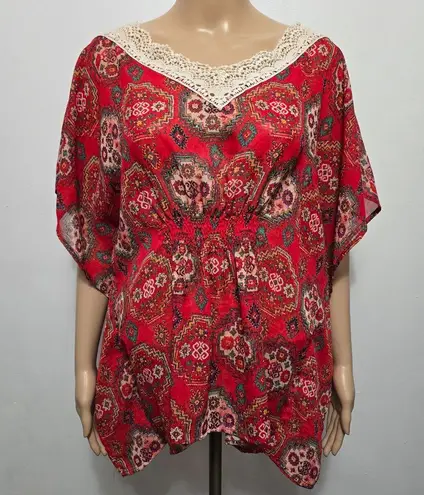 Red Camel  Boho Print Lace Trim Batwing Blouse – Size Large - Image 2