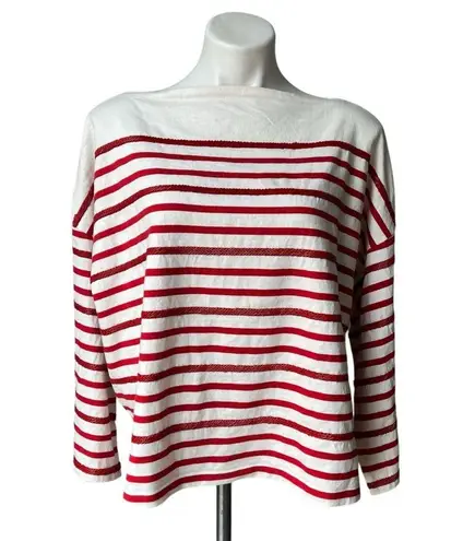 Polo Ralph Lauren Oversize Red/White Striped Jersey Crewneck Beaded Tee, Sz XL Red