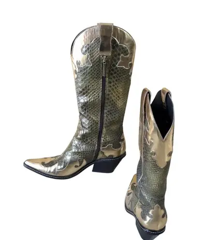 Donald Pliner Western Metallic Pitone Snake Leather Boot Shoe New $695 Sz 8.5 Gold