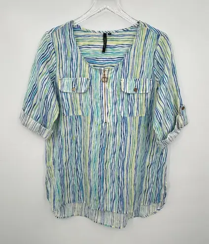 Cathy tunic M petite linen blend short tab sleeve zip front stripe beach resort Green Size M
