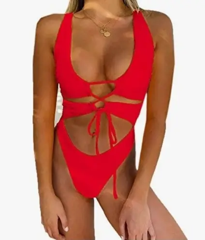 Women's Sexy Cutout Lace Up Backless High Cut One Piece Swimsuit Monokini Red Size M