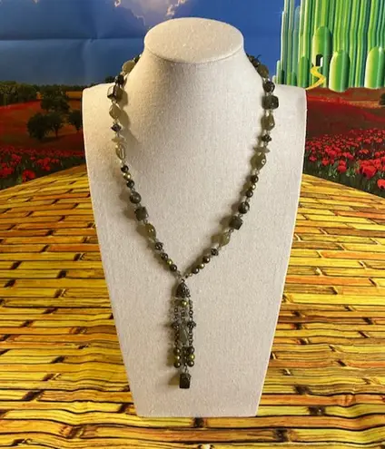 Cookie Lee 0072 Romantic-Style Green & Gray Beaded Necklace w/Tassel