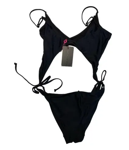 South Beach NWT One Piece Bathing Suit 10 Black Swimwear Vacation V-Neck Tie
