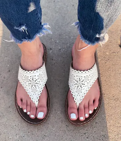 White Laser Cut Out Vegan Leather Sandal Size 8