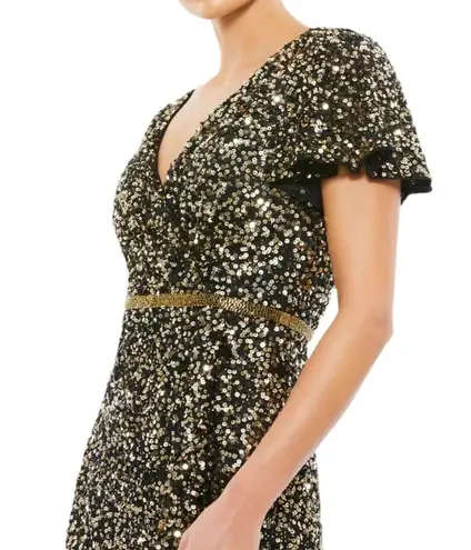 Mac Duggal Black and Gold Sequined Wrap Over Butterfly Sleeve Draped Gown Sz 6
