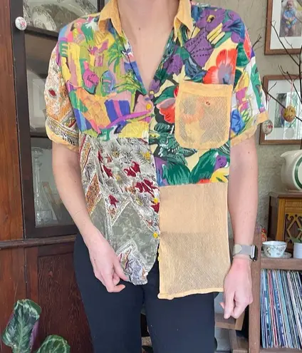 70s vintage psychedelic Colorful Patchwork women's Shirt After All mesh Orange Size M