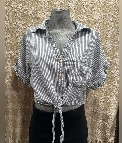 Versona Blue and White Tie-Front Button Down Shirt Sz L