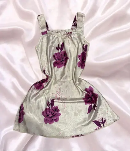 90s Cream and Magenta Floral Print Slip Lingerie Dress Purple Size undefined
