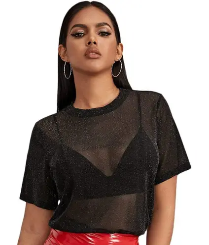 NWT Black Sheer Glitter Mesh Tee – Short Sleeve, Party Top – XL