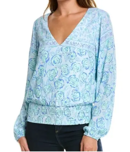 Sail To Sable NWT Tuckernuck V-Neck Smock Waist Top in Blue Floral Size Large