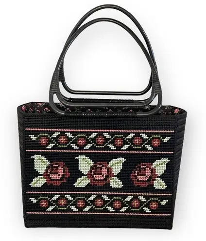 VINTAGE Handmade Needlepoint Rose Tote Bag Black Pink Green Grandma Granny