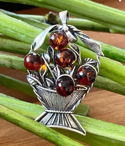 Vintage Sterling Silver Amber Miniature Fruit Basket Pin Brooch Pendant Brown