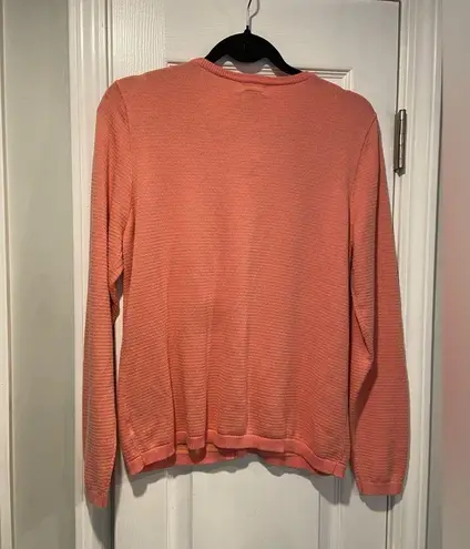 L.L. Bean Size M Coral Lime Green Stripe Lightweight Cotton Button Cardigan Pink Size M