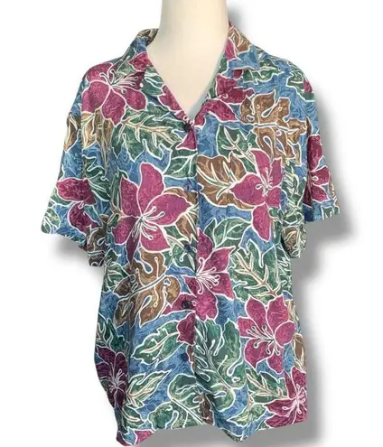 Vintage Hilo Hattie Hawaiian Shirt Camp Collar Tropical Abstract Floral Small Blue